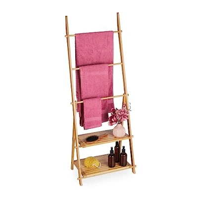 Image de Relaxdays Porte Serviettes en Bambou, 3 Barres, 2 étagères, HxLxP: 134x53x31,5 cm, Pliable, sèche Serviettes, Nature