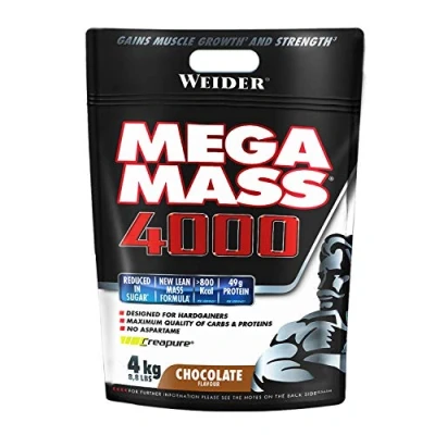 Image de Weider Mega Mass 4000. Goût Chocolat. Mélange protéiné pour prise de masse. Avec 3 protéines (lait, lactosérum, blanc d’œuf) et la créatine. Pauvre en sucres. 4kg