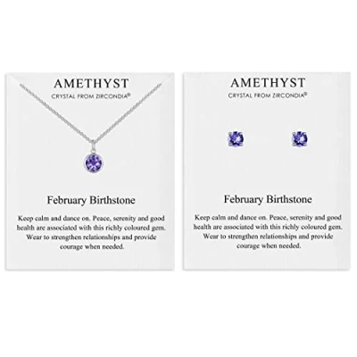 Image de Philip Jones Ensemble collier et boucles d&#039;oreilles avec pierre de naissance février (améthyste) créés des cristaux Zircondia®