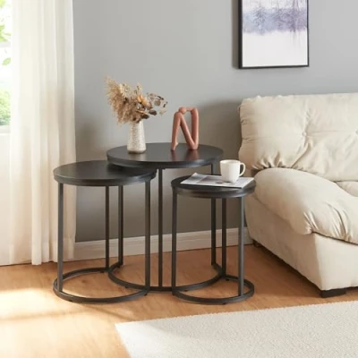 Image de [en.casa] Lot de 3 Tables Basses Gigognes Tailles Différentes Set d&#039;Appoint Bout Canapé pour Salon Chambre Bureau Panneau Particules Métal Noir