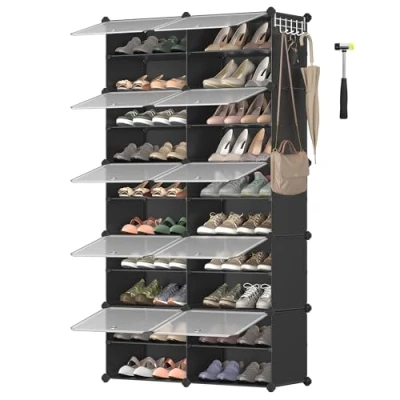 Image de SONGMICS Étagère à Chaussures 10 Compartiments, de Rangement Modulable, Compartiment 30 x 40 cm, avec Porte, Cadre en Acier, Panneaux Plastique, Noir LPC035B01