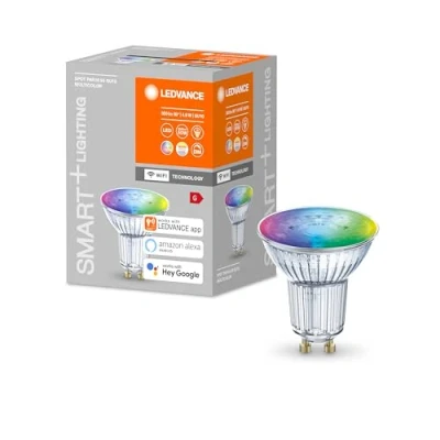 Image de LEDVANCE Lampe à réflecteur LED intelligente avec technologie WiFi, base GU10, couleur de la lumière variable (2700 6500K), couleurs RVB variables, dimmable, remplacement 50W, SPOT RGBW, paquet 1
