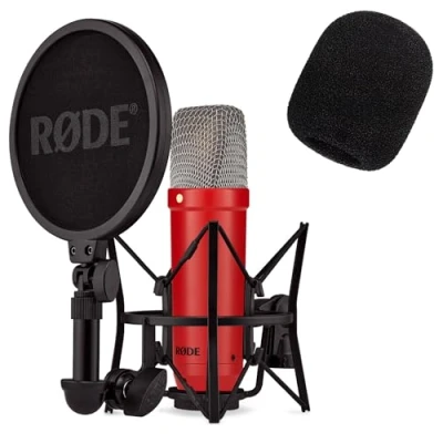 Image de Rode NT1 Signature Red Microphone de studio rouge + protection anti pop Keepdrum WS2