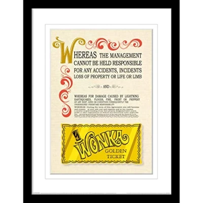 Image de Pyramid International Impression encadrée Charlie et la chocolaterie dans un cadre noir édition collector (motif billet doré) Willy Wonka 30 x 40 cm Produit officiel