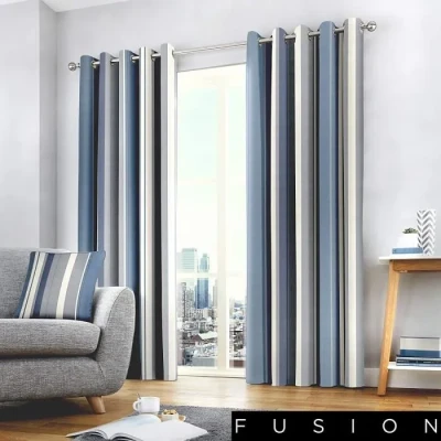 Image de Fusion Whitworth Stripe Paire de Rideaux à œillets 100 % Coton Bleu Curtains: 66 Width x 90 Drop (168 229cm)