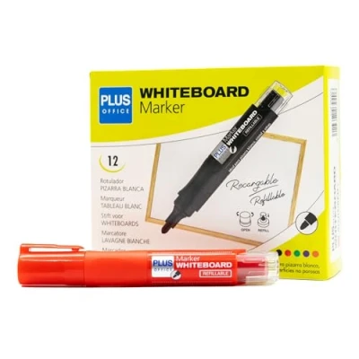 Image de Plus Office Lot de 12 marqueurs pour tableau blanc avec encre liquide rechargeable, pointe 2 mm, idéal écrire sur verre, et autres surfaces lisses, effaçable (rouge,