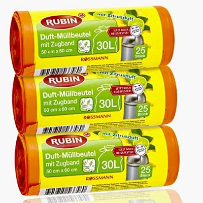 Image de Rubin Lot de 3 paquets 25 sacs poubelle parfumés recyclables avec cordon serrage et particulièrement résistants à la déchirure 30 l