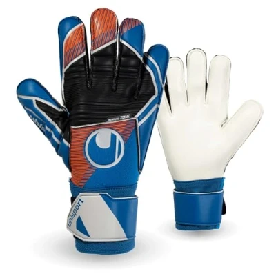 Image de uhlsport Gants de Gardien But Football pour Enfants et Adultes, Soft Pro Respirants avec Fixation du Poignet adhérence exceptionnelle, Bleu/Orange/Blanc