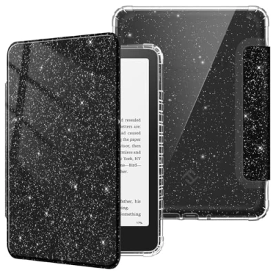 Image de FINTIE Étui pour 7&quot; Kindle Paperwhite 2024 (12e Génération) et Colorsoft Signature Edition (1re Génération), Transparent en TPU Souple Housse Veille/Réveil Auto, Noir Pailleté