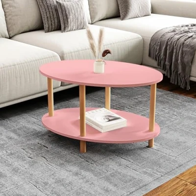 Image de [en.casa] Table Basse Ovale avec Surface de Rangement Meuble Salon Design Panneau Particules Bois Hêtre 43 x 70 44 cm Rose Naturel