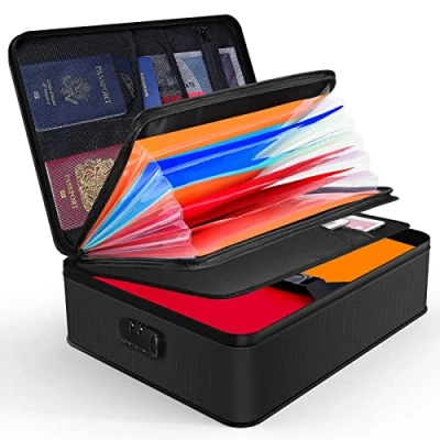 Image de JUNDUN Porte documents ignifuge avec serrure Boîte de rangement à 7 compartiments portable pour importants Noir