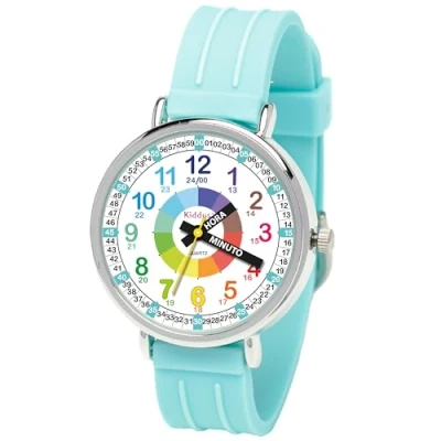 Image de Kiddus Montre Bracelet Éducative pour Enfants, Fille, garçon. Time Teacher Analogique avec Exercices. Facile d’Apprendre à Lire l’Heure. Conçu Barcelona. Español Turquesa