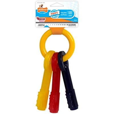 Image de Nylabone Jouet à mâcher pour chiots qui font leurs dents, en forme de clé, arôme bacon, les moyen chiens/chiots (jusqu’à 16 kg), mâchouilleurs paisibles/qui dents.