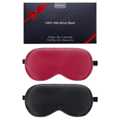 Image de Lot de 2 masques sommeil, pour les yeux, en soie pure 100% naturelle avec sangle réglable, bloque la lumière, réduit yeux gonflés