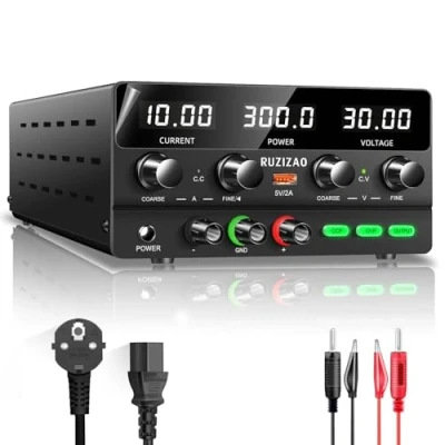 Image de RUZIZAO Alimentation de Laboratoire 30V 10A DC Bloc d&#039;alimentation Réglable, Affichage LED, Bouton l&#039;encodeur OCP, OVP, Commutateur Sortie, Port USB 5V/2A Reglable Stabilisée