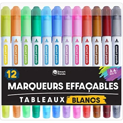 Image de Smart Panda Feutres Tableau Blanc Effacable Marqueurs Double Pointe Pour Tableaux Blancs 12 Couleurs