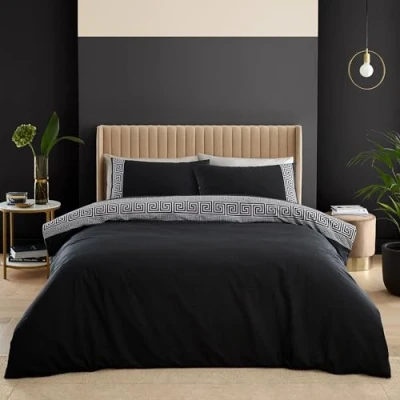 Image de Catherine Lansfield Artemis Parure de lit Double réversible avec Housse Couette et taies d&#039;oreiller Motif clé Grecque Noir