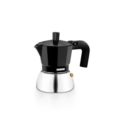 Image de Monix Induction Inox Cafetière italienne en aluminium et acier inoxydable, 3 tasses, poignée résistante à la chaleur, facile laver, pour tout type de cuisinière dont l’induction, couleur noire
