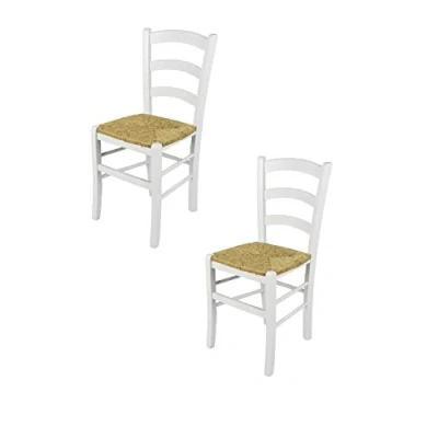 Image de t m c s Tommychairs Set 2 chaises Venezia pour Cuisine, Bar et Salle à Manger, Robuste Structure en Bois de hêtre laqué Couleur Blanc Assise Paille