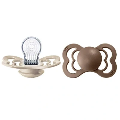 Image de tétine BIBS Supreme, lot de 2, silicone, danoise forme symétrique. Sans BPA. (Vanilla/Dark Oak, taille 2 (à partir 6 mois))