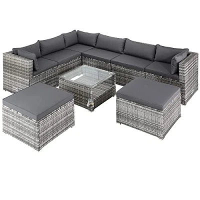 Image de Salon de jardin lounge en polyrotin 26 pièces Canapé avec table Ensemble modulable gris anthracite
