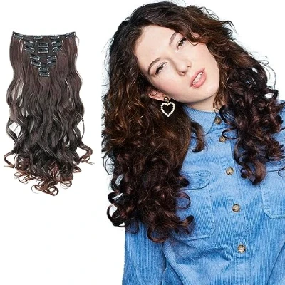 Image de CAISHA XL 45cm 7 Pièces Jeu CLIP IN Extensions De Cheveux Postiche Ondulé Mélange Brun Foncé CE26 1