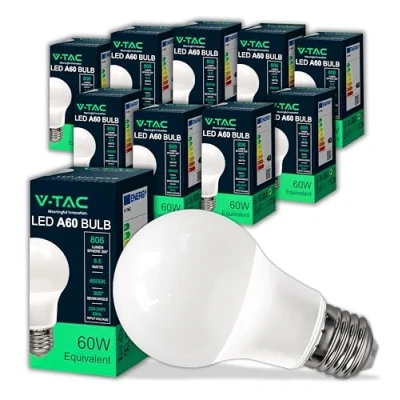 Image de V TAC 10x Ampoules LED culot E27 8,5W (équivalent 60W) A60 806 Lumen Ouverture du Faisceau Lumineux 200 Efficacité Maximale et Économie d&#039;Énergie 6500K Blanc Froid