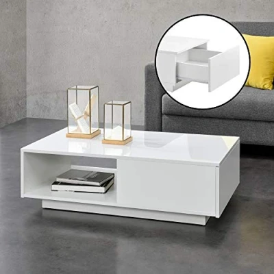 Image de [en.casa] Table Basse de Salon Élégante Stylée avec Tiroir et Compartiment Rangement 95 x 55 31 cm Panneau Particules Mélaminé 15 mm Blanc Brillant