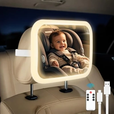 Image de Retroviseur Voiture Bebe Miroir Bébé Led avec Lumière Rechargeable, 360 Rotation Réglables Rétroviseur 100% Incassable Sangles Ajustables