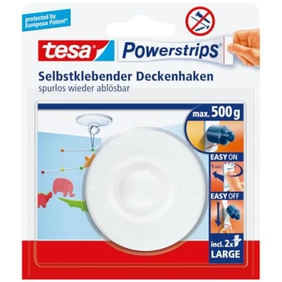Image de Tesa Powerstrips Crochet Fixation Plafond Adhésif pour Plafonds et Décorations Suspendues en Plastique Blanc avec LARGE Capacité jusqu&#039;à 500 g