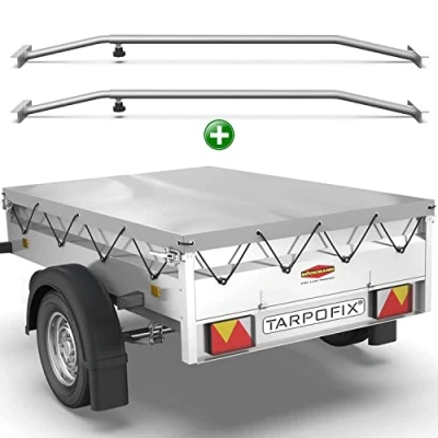 Image de Tarpofix® Bâche pour remorque plate 209 x 115 10 cm + 2x arceau de (réglable 100 145 cm) Bache PVC couverture diverses remorques voitures 750kg