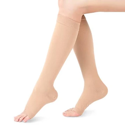 Image de Chaussettes de Compression Mollet, Chaussette Contention Pied Ouvert pour Hommes et Femmes, 20 30mmHg Manchon Mollet Shin Splint, Veine Variqueuse, Oedème (Beige, L)