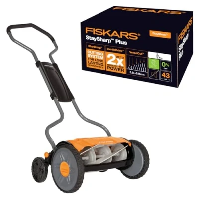 Image de Fiskars Tondeuse à gazon manuelle, cylindre avec système de coupe sans frottement des lames, Largeur coupe: 43 cm, StaySharp Plus, Noir/Orange/Argenté, 1015649