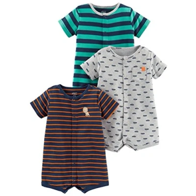 Image de Simple Joys by Carter&#039;s 3 Pack Snap up Rompers Barboteuses, Bleu Marine Lion/Gris Voitures/Vert Turquoise Rayures Horizontales, 0 Mois (Lot de 3) Bébé garçon