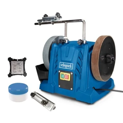 Image de Scheppach Affûteuse à eau TIGER 5000S Moteur induction 150W, Meule en corindon supérieur de Ø 200mm, Dispositif universel Pâte poncer Disque cuir Jauge d&#039;angle