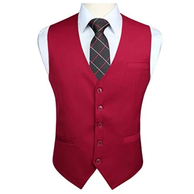 Image de Enlision Hommes Formelle Parti Mariage Gilet En Coton Couleur Unie Bordeaux