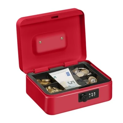 Image de Relaxdays Caisse à monnaie, avec combinaison 3 chiffres, rangement d’argent en fer, H x L P 8,5 20 17 cm, rouge