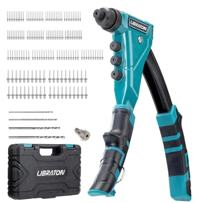 Image de LIBRATON Pince à Rivet Robuste, Pop, Riveteuse Manuelle Professionnelle, Outil de Rivetage avec 160 Rivets, Comprend 4 Embouts, Buses Interchangeables sans Outil, pour Réparation