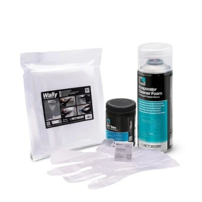 Image de ERRECOM Kit nettoyage climatisation, contient Evaporator Cleaner Foam Nettoyant moussant climatiseur, housse de protection Wally, A/C Tabs 40 tablettes pour climatiseur à action prolongée, gants