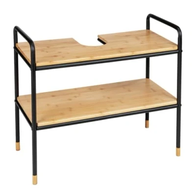 Image de WENKO Meuble sous lavabo Loft avec 2 tablettes en Bambou certifié FSC®, Espace de Rangement pour Serviettes/Accessoires Bain, Cadre métal thermolaqué, 70 x 60 33,5 cm, Naturel/Noir