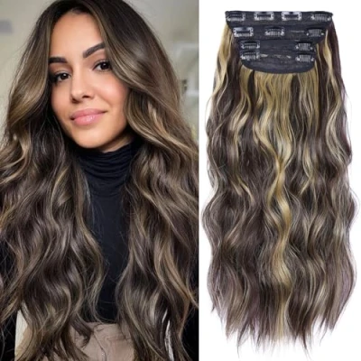 Image de Lot de 4 extensions cheveux synthétiques à clipser, 50,8 cm long, bouclés et bruns, doux ondulés (brun mélangé blond clair, pièces)
