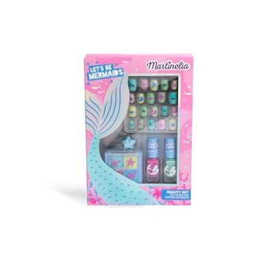 Image de MARTINELIA Set de Maquillage et Manucure Sirène pour Enfant Faux Ongles Adhésifs + 4 Fards à Paupières 2 Vernis 1 Bague Cadeau Fille A partir 3 ans