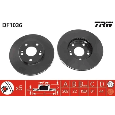Image de TRW DF1036 Disque de frein 262 22 5 108 ventilé peint avec vis/boulons RENAULT: SAFRANE 2, 1