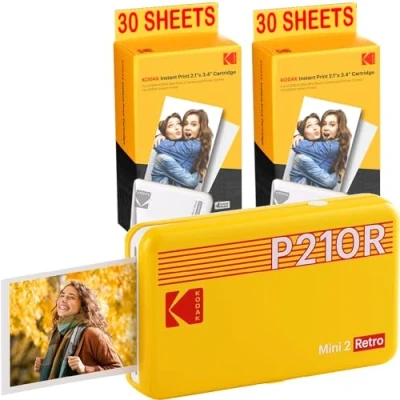 Image de KODAK Pack Mini Imprimante P210 Retro 2 + Cartouche et papier pour 60 Photos Connectée Bluetooth format CB 5,3 x 8,6 cm Batterie Lithium Sublimation Thermique 4Pass Neuf