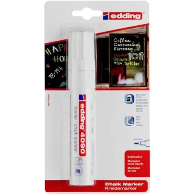 Image de edding 4090 Marqueur craie liquide blanc 1 feutre pointe biseautée 4 15 mm effacable pour écrire sur les vitres,le verre ardoise aux couleurs opaques
