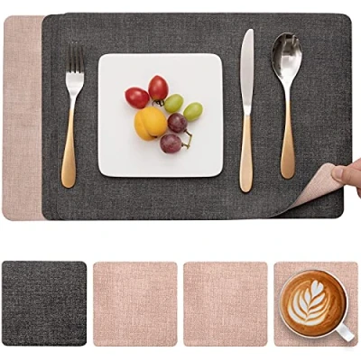 Image de Myir JUN Set de Table en Cuir et Dessous Verre Lot 4, Sets Antidérapant Double Face Plastique Lavable Résiste à la Chaleur (Gris Rose, 4)