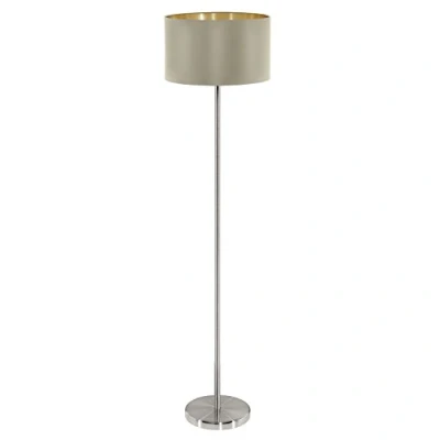 Image de Eglo Lampadaire Maserlo, lampe à poser, luminaire salon en acier et textile, nickel mat, taupe, doré, avec interrupteur pied, douille E27