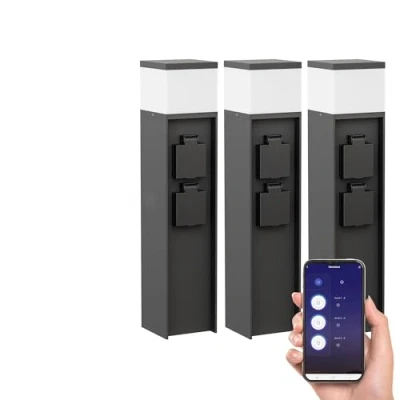 Image de ledscom.de 3 pièces Lumière de chemin/Borne d&#039;éclairage/Lampe jardin POMI pour l&#039;extérieur, IP44, Smart Home, WLAN, Alexa, 39 cm, noir, 1x G9 max. 10W, 2 prises courant