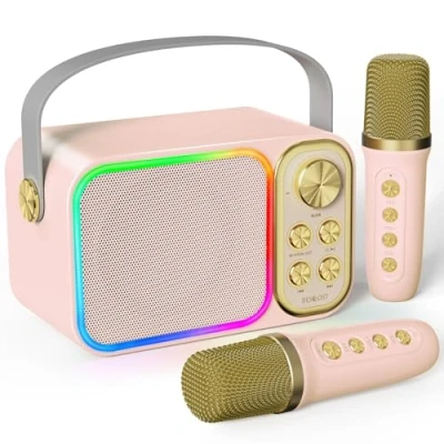 Image de Machine de Karaoké avec 2 Micro sans Fil, BESCOST Haut Parleur Bluetooth Portable, Dispose 7 Effets Sonores, pour Fête et Voyage, Mini LED