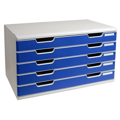 Image de Exacompta Réf. 322003D MODULO A3 Caisson 5 tiroirs fermés pour documents A3+ Dimensions extérieures : Profondeur 35 x largeur 57,6 Hauteur 32 cm Gris lumière/bleu